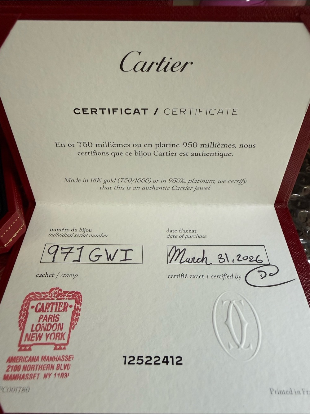 Cartier Red and White Certificate Holder